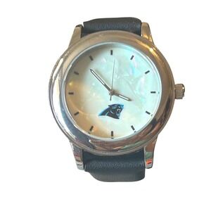 Carolina Panthers Watch Silver Tone Black Band Ladies